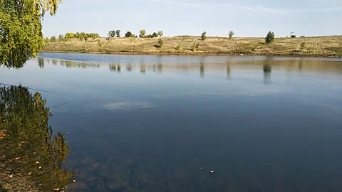 Peaceful, tranquil video view of a quiet lake and calm pond in early autumn. Stock Footage 327809059