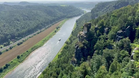 A peaceful video of the view of the Elbe River from the bastion in Rathen Stock Footage 315880794