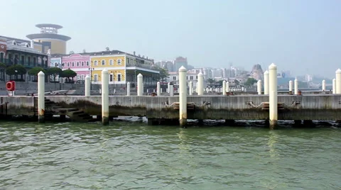 A peaceful view of empty mooring posts at Macau Fisherman's Wharf Stock Footage 52209483