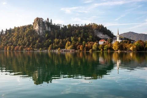Peaceful view on lake Bled and the island with its pilgrimage church Assum... Stock Photos