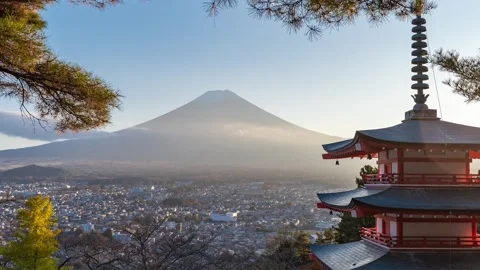 Peaceful view of Mount Fuji with Chureito Pagoda, Japanese landmark, and au.. Stock Footage 337410289