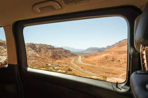 A peaceful view through a car window as the USA road Stock Photos