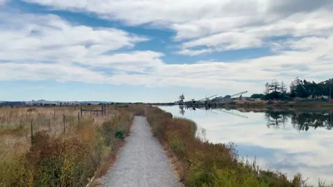 A peaceful walk along a path next to a crystal-clear lake Stock Footage 254031403