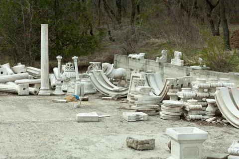 Peaces of broken columns and statues in Mtatsminda mount, Tbilisi, Georgia Stock Photos