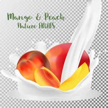 Peach and mango with a splash of milk. 3d realistic vector Illustrazione stock