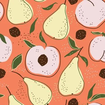 Peach and pea seamless vector pattern vector. Textured fruit summer colorful Stock Illustration