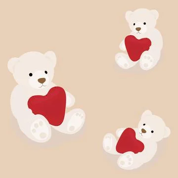 On a peach background, three light beige bears with red hearts, two sitting.. Stock Illustration