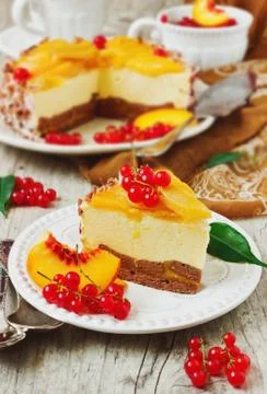 Peach cake with cream Stock Photos