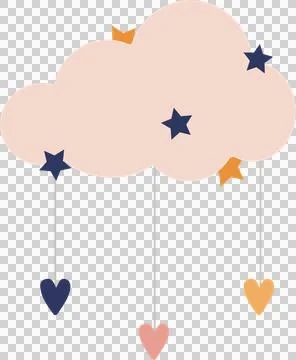 Peach cloud is hovering in flat design showing hanging hearts and stars on Stock Illustration