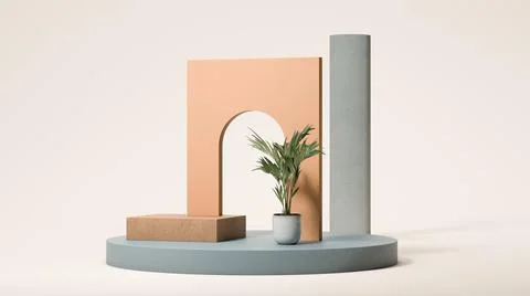 Peach colored square arc with round hole and round podium display on bright Illustration