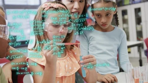 Peach dress student squeezing dropper adding blue liquid for science class teal Stock Footage 334013818