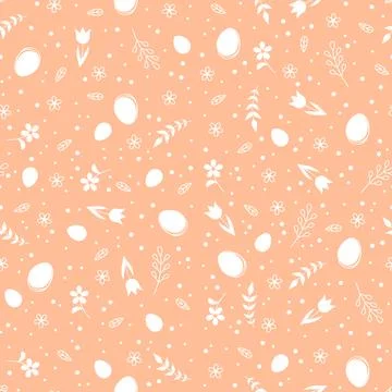 Peach Easter seamless pattern with white flowers, Easter eggs and branches Stock Illustration