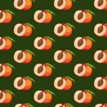 Peach flat seamless pattern on green background. Stock Illustration