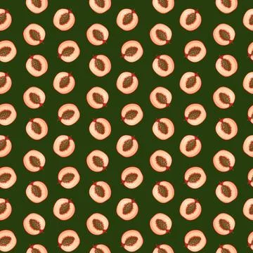 Peach flat seamless pattern on green background. Illustrazione stock