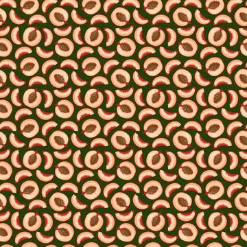 Peach flat seamless pattern on green background. Stock Illustration