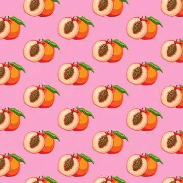 Peach flat seamless pattern on pink background. Stock Illustration