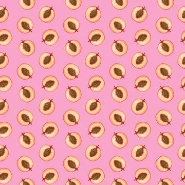 Peach flat seamless pattern on pink background. Stock Illustration