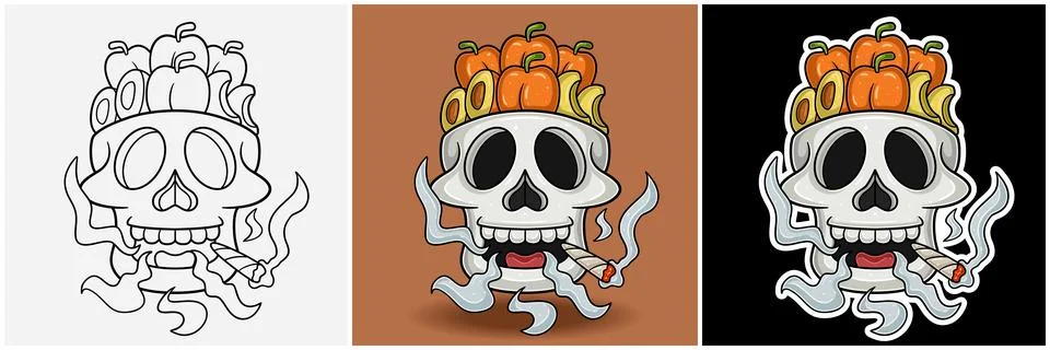 Peach Fruit Inside Skull Head With Smoking Character Cartoon. Black White, .. Stock Illustration