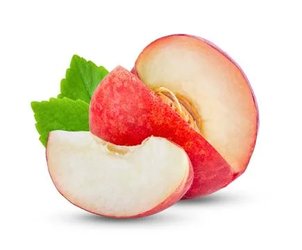 Peach fruit with leaf isolated on white. Full depth of field Stock Photos