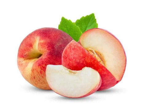 Peach fruit with leaf isolated on white. Full depth of field Stock Photos