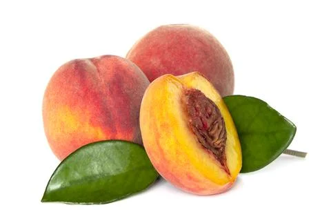 Peach fruit with leaf isolated on white background, Fresh Peach on a White Ba Stock-Fotos