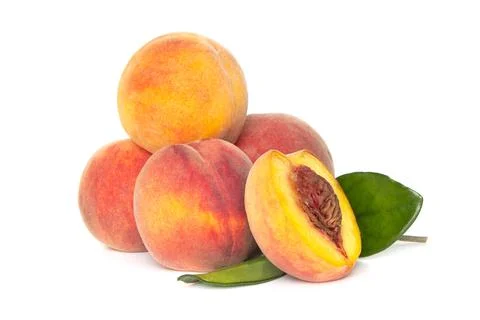 Peach fruit with leaf isolated on white background, Fresh Peach on White Back Foto stock