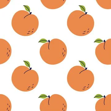 Peach fruit with leaf. Seamless pattern. Hand drawn vector illustration. Swee Stock Illustration