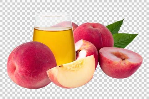 Peach fruit Peach slice and Peach juice isolater on a transparent background Stock Photos
