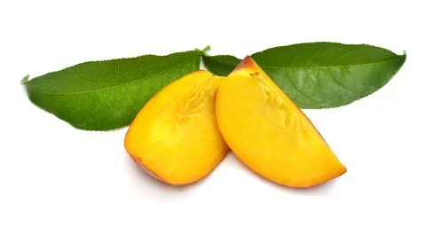 Peach fruit slice with leaf isolated on white background. Perfectly retouch.. Stock Photos