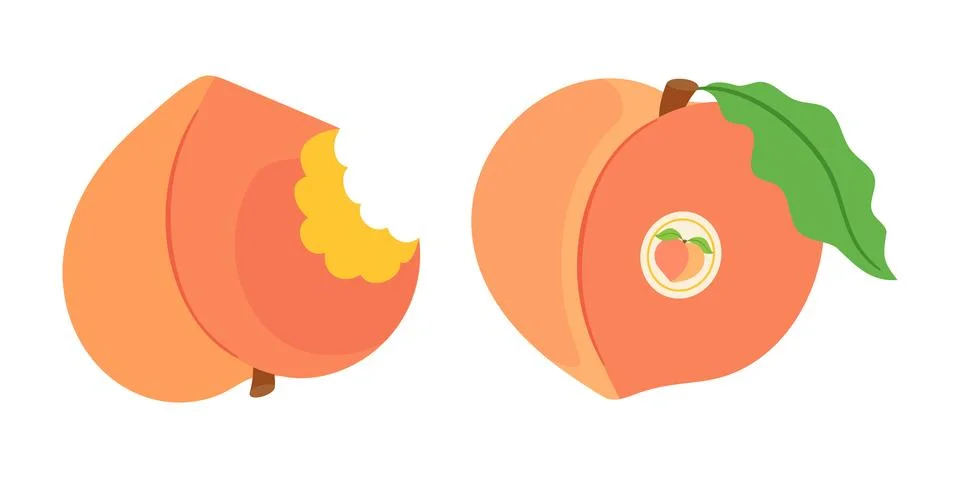 Peach fruit vector set with bitten peach and peach with emblem Stock Illustration