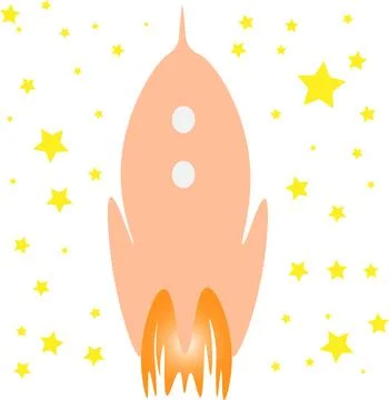 A Peach Fuzz colored rocket with fire. Space travel. A sign of the project .. Stock Illustration