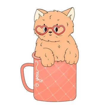Peach happy cat sits in the patterned cup. Pink Heart glasses for Valentines  Stock Illustration