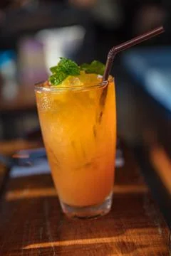 Peach Iced Tea On Table In Restaurant Stock Photos