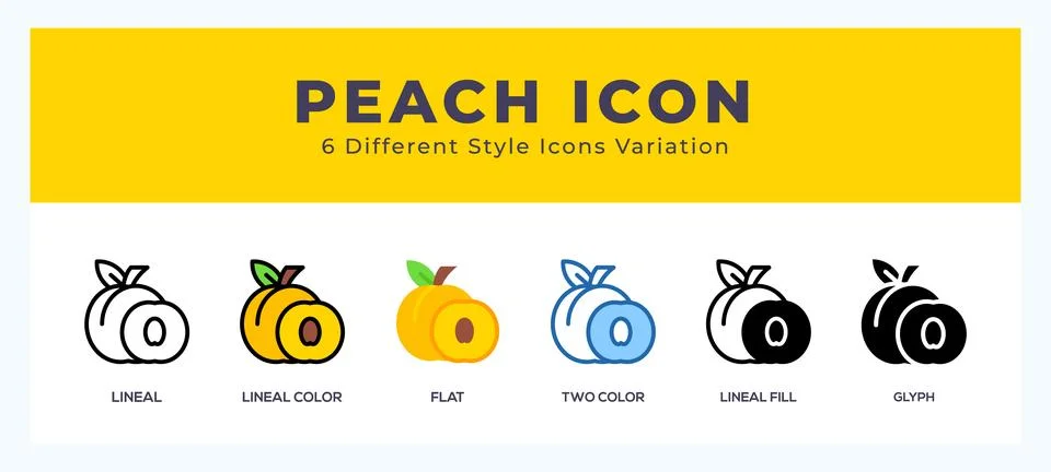 Peach icon set with different styles. Design elements for logo. Vector illu.. Stock Illustration