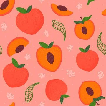 Peach or apricot seamless pattern on pink background with flower hand drawn Stock Illustration