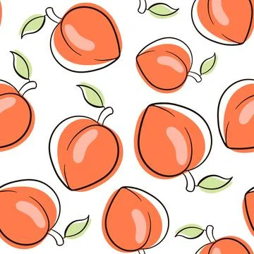 Peach pattern cartoon style. Peaches seamless pattern line art. Vector Stock Illustration