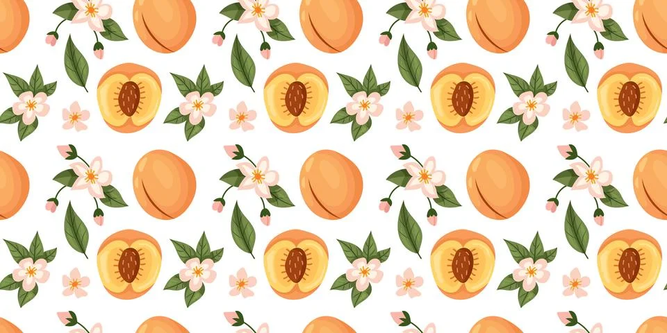 Peach pattern featuring fruit, flowers, and leaves Stock Illustration