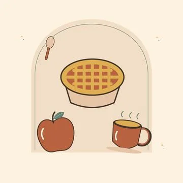 Peach pie and a warm cup of coffee. Decorative flat vector composition with e Illustration