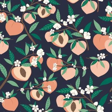 Peach seamless pattern with flowers. Fresh fuit summer vibes Illustrazione stock