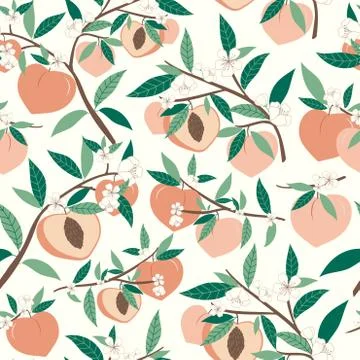 Peach seamless pattern with flowers. Fresh fuit summer vibes Illustrazione stock