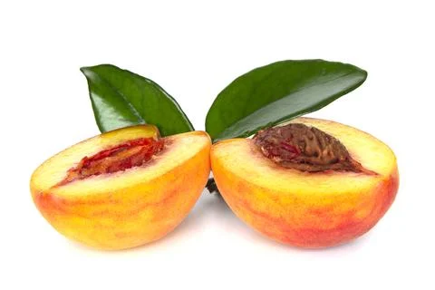Peach sliced into two halves with leaf on white background isolated close up Stock Photos