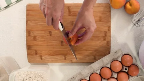 Peach Slices on a Chopping Board Close Up Top View Stock Footage 112231353