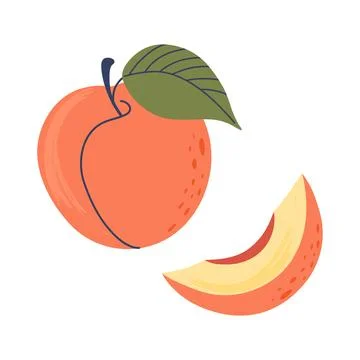 Peach. Sweet Summer fruit with slice and leaf. Stock Illustration