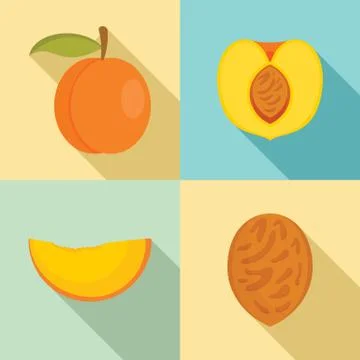 Peach tree slices fruit half icons set, flat style Stock Illustration