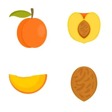 Peach tree slices fruit half icons set, flat style Stock Illustration