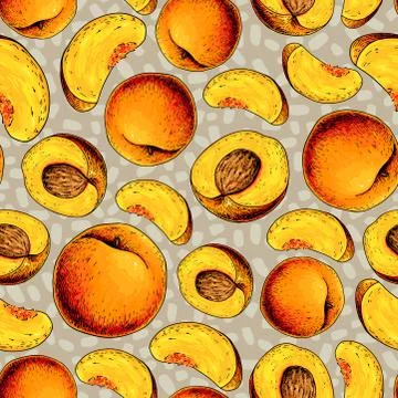 Peach vector seamless pattern. Hand drawn full and sliced pieces Stock Illustration