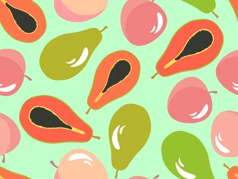 Peaches and papaya seamless pattern. Summer exotic fruit and berry mix of p.. Stock Illustration
