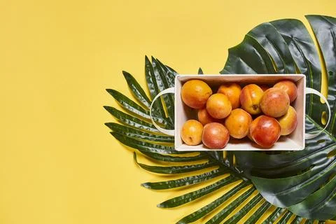 Peaches in a box on palm leafs Stock Photos
