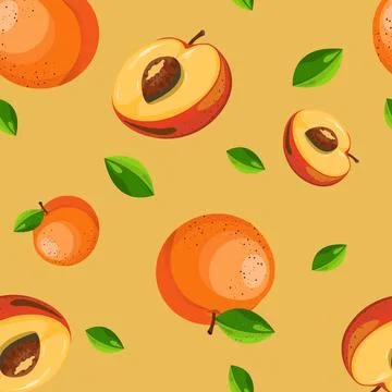 Peaches seamless pattern in orange background. fresh fruit with green leaves. Ilustración de archivo