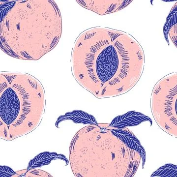 Peaches Seamless Pattern. A vintage hand-drawn illustration in a sketchy styl Stock Illustration